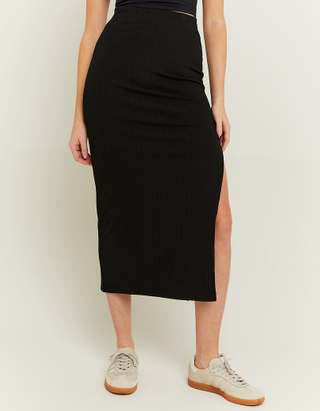 TALLY WEiJL, Black Midi Skirt with Lateral Slit for Women