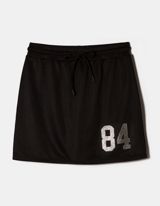 TALLY WEiJL, Czarna mini spódniczka piłkarska Varsity z nadrukowanym błyszczącym numerem for Women