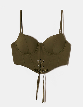 TALLY WEiJL, Grünes Bustier Top mit Lace Up in Satin for Women