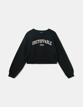 Black Cropped Printed Sweatshirt