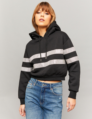 TALLY WEiJL, Black Hoodie with Strass Stripes for Women