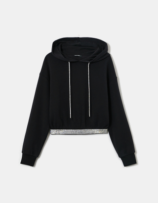 TALLY WEiJL, Black Cropped Hoodie With Rhinestones for Women