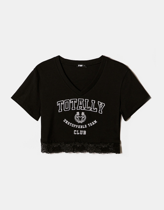 TALLY WEiJL, T-shirt Fantasia Varsity Nera con Dettaglio in Pizzo for Women