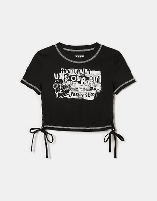 TALLY WEiJL, Schwarzes bedrucktes T-Shirt mit seitlichen Rüschen for Women