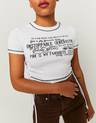 TALLY WEiJL, Weißes bedrucktes T-Shirt mit seitlichen Rüschen for Women