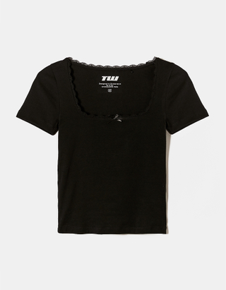 TALLY WEiJL, T-shirt basique noir a encolure en dentelle for Women