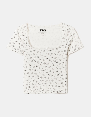 TALLY WEiJL, Floral Basic T-shirt with Lace Neckline Detail for Women