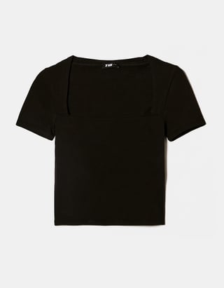 TALLY WEiJL, T-Shirt Noir Basique avec Encolure Carrée for Women