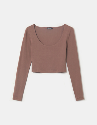 Brown  Cropped Basic Top