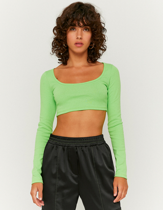 Green Basic Long Sleeves Crop Top 
