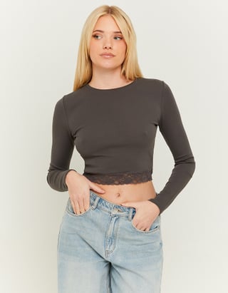 TALLY WEiJL, Graues Cropped Basic T-Shirt mit Spitzen Details for Women