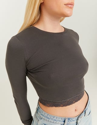 TALLY WEiJL, T-shirt basique court gris avec détail en dentelle for Women