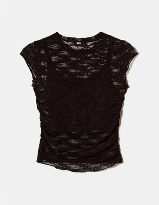 TALLY WEiJL, Black Lace Loose Top with Lateral Ruched for Women