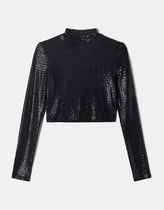 TALLY WEiJL, Black Sequins Cropped Top for Women