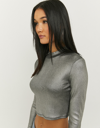 TALLY WEiJL, Silver Reflective Long Sleeves Cropped Top for Women
