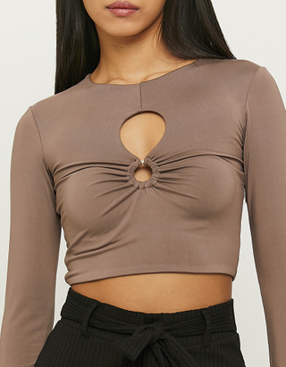 TALLY WEiJL, Brown Round Neck Top with Cut Out for Women