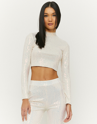 TALLY WEiJL, Reflective Sequined Long Sleeves Cropped Top for Women
