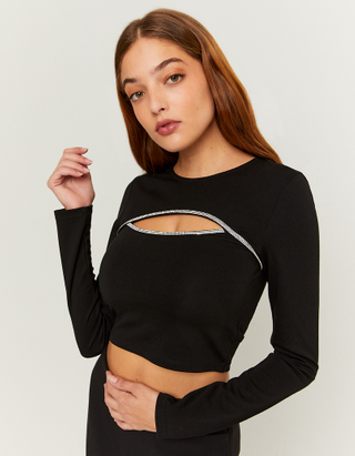 TALLY WEiJL, Black Cut Out Cropped Top with Strass for Women