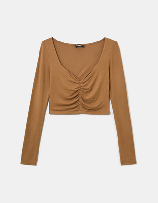 TALLY WEiJL, Brown Pleated Long Sleeves Top for Women