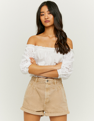 TALLY WEiJL, White Cropped Embroidery Blouse for Women