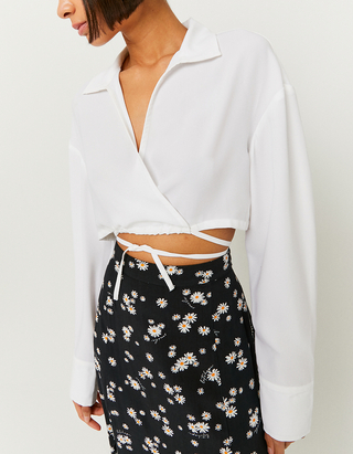 White Cropped Long Sleeves Blouse 