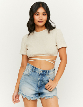 Linen Lace Up Cropped Top