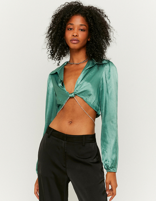 Green Satin Long Sleeves Crop Top 