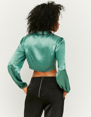 Green Satin Long Sleeves Crop Top 