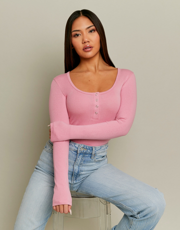 Pink Buttoned Long Sleeve Bodysuit | TALLY WEiJL