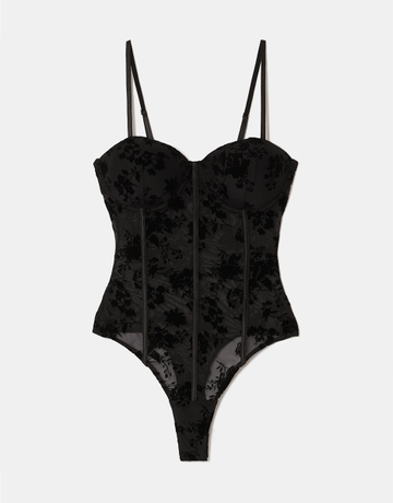 Black Flocked Floral Bodysuit | TALLY WEiJL