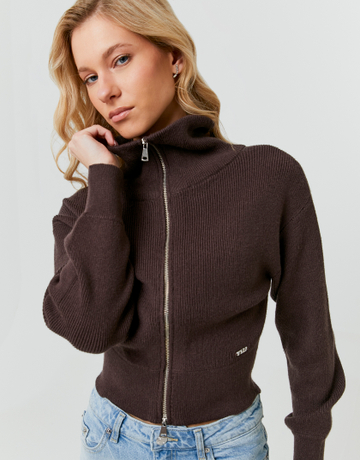 Brown Cropped Zip Up Cardigan | TALLY WEiJL