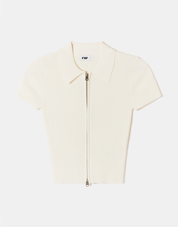 Cardigan in Maglia Bianco con Colletto Polo | TALLY WEiJL