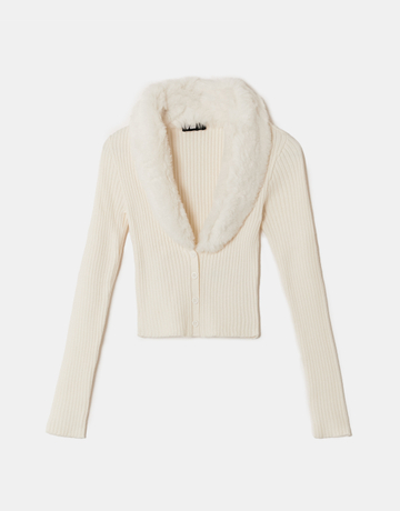 Weiße Strickjacke mit Kunstfellkragen | TALLY WEiJL