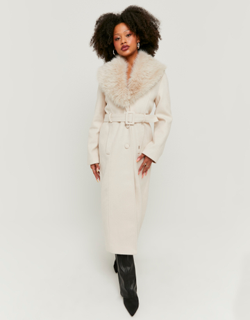 Beige Long Coat with Faux Fur | TALLY WEiJL