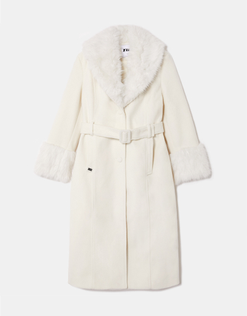 Beige Long Faux Wool Belted Coat | TALLY WEiJL