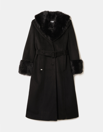 Black Long Faux Wool Belted Coat | TALLY WEiJL