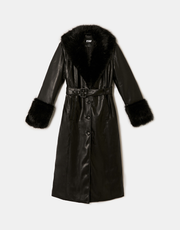 Langer schwarzer Mantel mit Kunstpelz | TALLY WEiJL