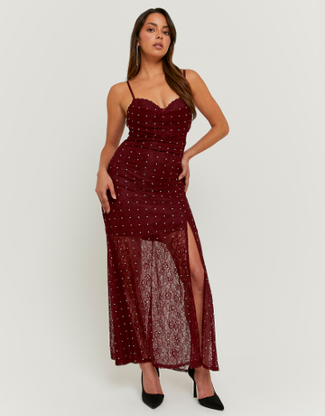 Langes burgunderfarbenes Kleid mit Spitze und Strasssteinen | TALLY WEiJL