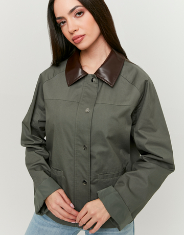 Khaki Utility Jacket with Faux Leather Collar | TALLY WEiJL
