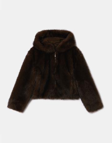 Giacca Marrone in Pelliccia Sintetica con Zip e Cappuccio | TALLY WEiJL