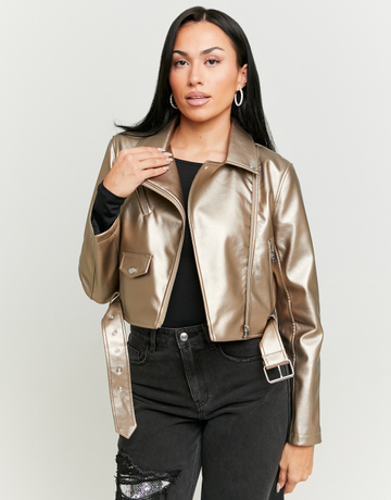Golden Faux Leather Biker Jacket | TALLY WEiJL