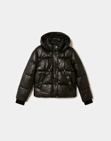 Schwarze loose Puffer Jacke mit Kunstleder | TALLY WEiJL