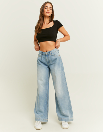 Blue Wide Leg Jeans with Front Pleats Detail | TALLY WEiJL