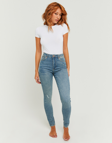 Blaue Mid-Waist-Skinny-Jeans mit Destroyed-Details | TALLY WEiJL