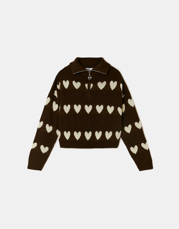 Brown Knitted Zip-Up Jumper with Hearts | TALLY WEiJL