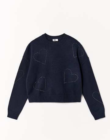 Gestrickter blauer Pullover mit Strass Details | TALLY WEiJL