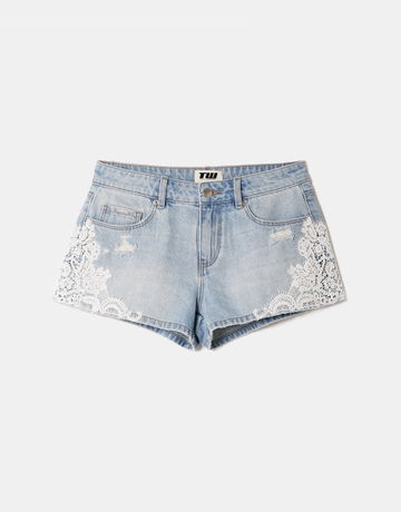 Short en Denim Taille Basse Bleu avec Dentelle | TALLY WEiJL