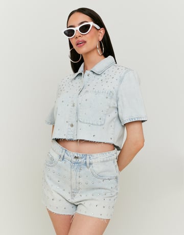 High Waist Denim Shorts with Strass | TALLY WEiJL