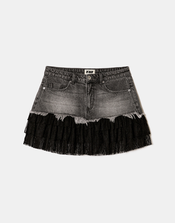 Schwarzer Denim-Minirock mit Spitzenbesatz | TALLY WEiJL
