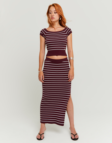 Burgundy Knitted Midi Skirt with Stripes | TALLY WEiJL